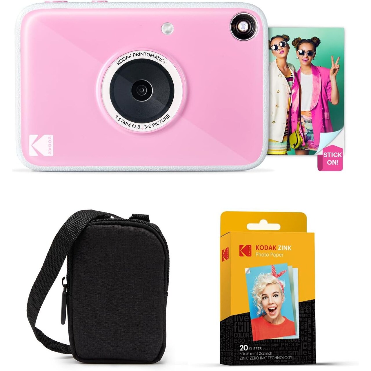 Kodak Printomatic+ Instant Print Digital Camera Starter Bundle + Carrying Case + Zink 20pk Sticky-Back Photo Paper - 10MP, Full-Color Photos, RGB LED Status Indicator